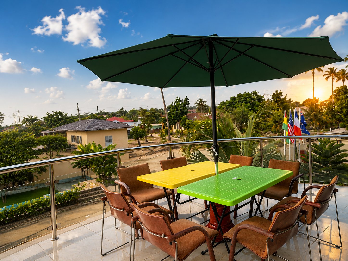Rooftop terrace at sunset overlooking Koforidua — Freden Hotel
